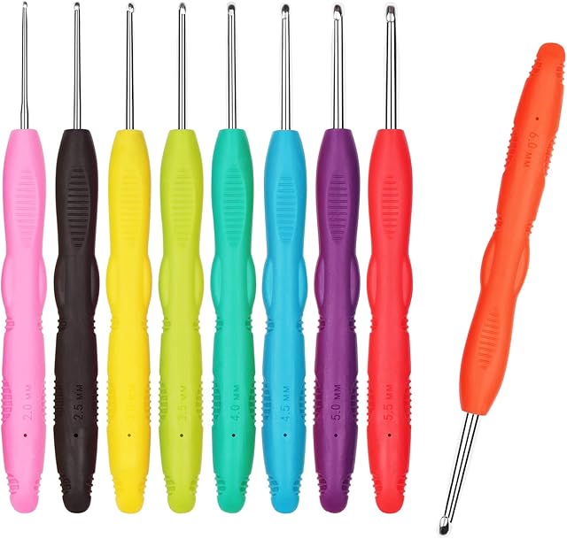 Aeelike Crochet Hooks for Arthritic Hands, Ergonomic Crochet Hooks Sets Soft Grip, 9 PCS 2.0-6.0 mm Aluminium Crochet Needles Long Handle Crochet Hooks with Rubber Grip, Crochet Set for Beginners Kids