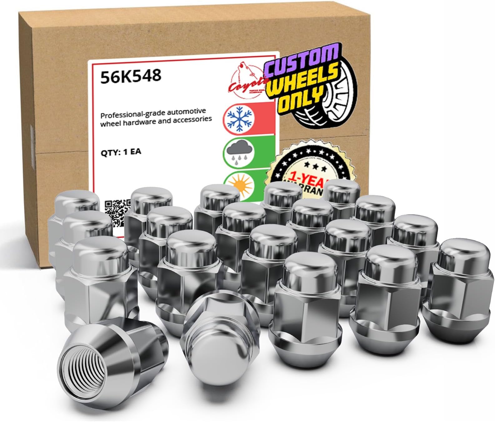 Wheel Accessories Parts Set of 20 Lug Nut Closed End Bulge Acorn Lug Nuts 1.38†Long - Cone Seat - 21mm (13/16â€Â) Hex Lug Nut (Chrome) (M14 x 1.5)
