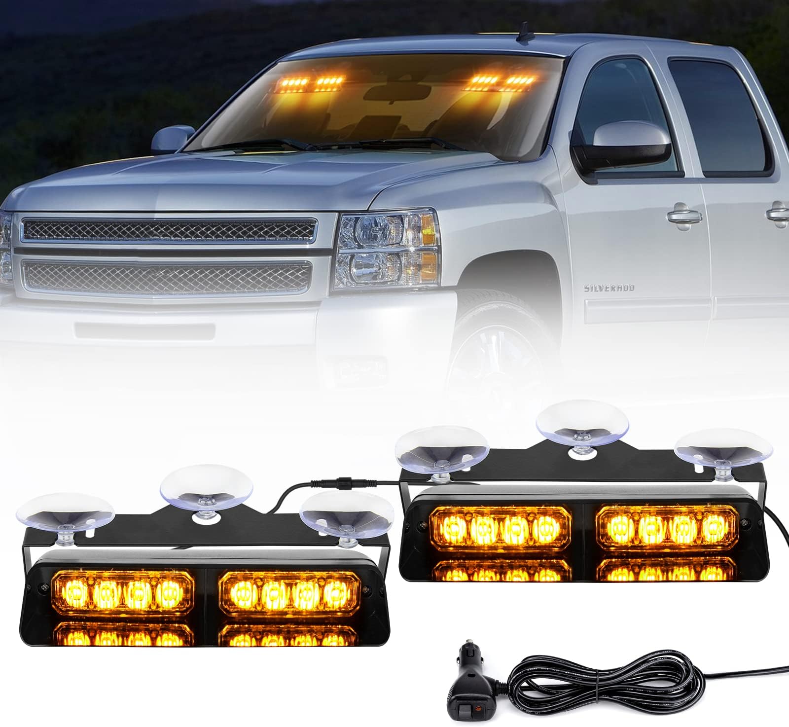 Emergency Strobe Lights 2x 7.2 Inch Interior Windshield Strobe Lights 16 LED 18 Flash Modes Dash Emergency Beacon Warning Lights with Suction Cups 12V For Car Truck Vehicles (Amber)