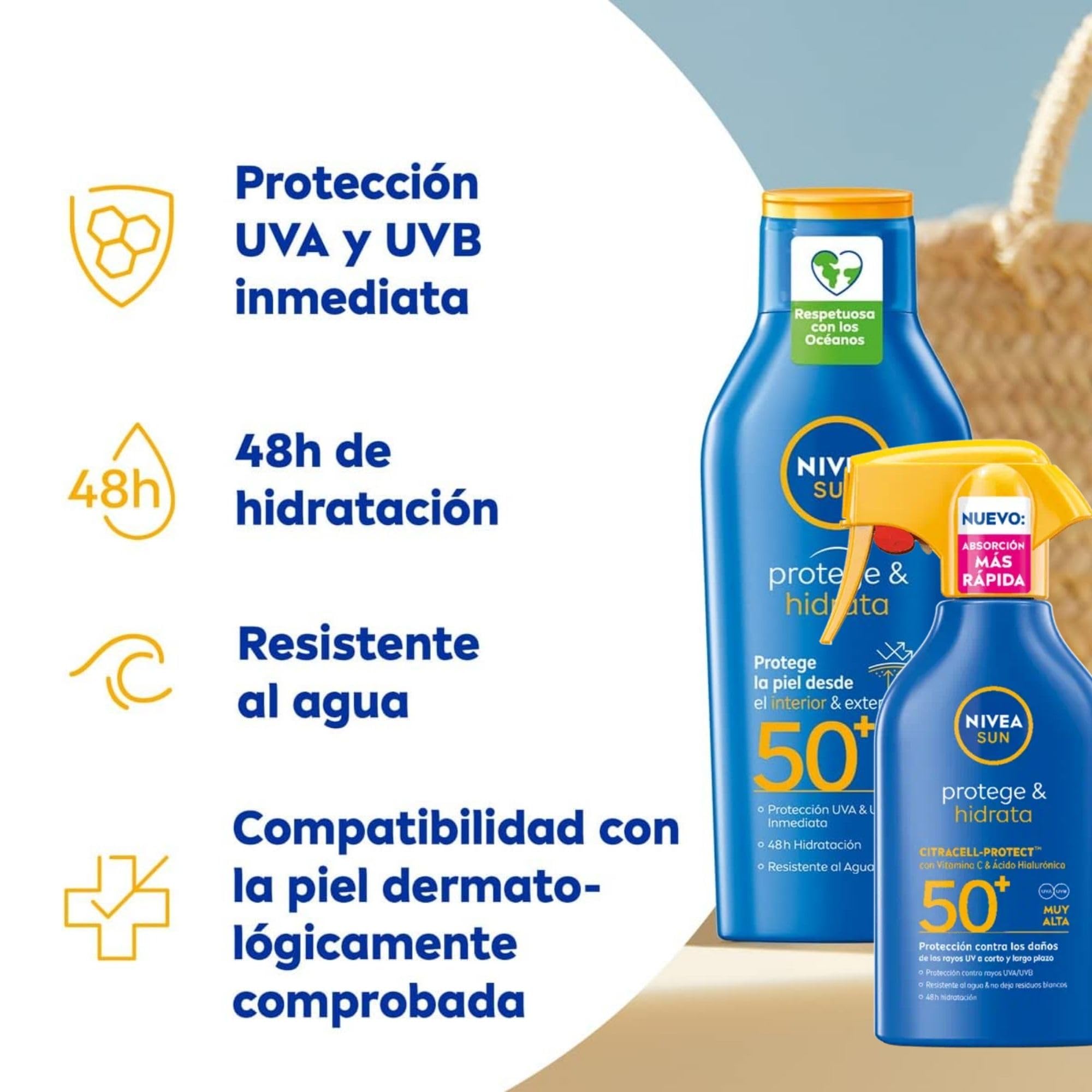 NIVEA Sun Pack Crema + Spray Solar Corporal SPF 50 + Bolso Yute | 800 ml | Protección muy alta UVA y UVB | Resistente al agua | Hidrata sin sensación grasa | Para playa y excursiones