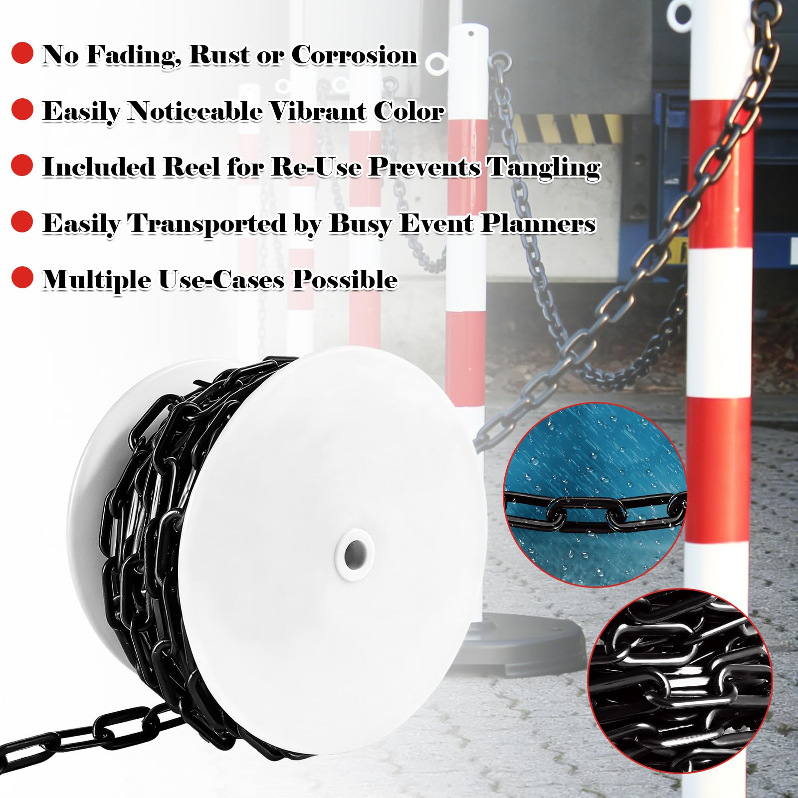 DAJAVE Catena di bloccaggio, 25 m, in plastica, da 8 mm, in plastica, colore nero, per bloccare superfici, catena di blocco del parcheggio