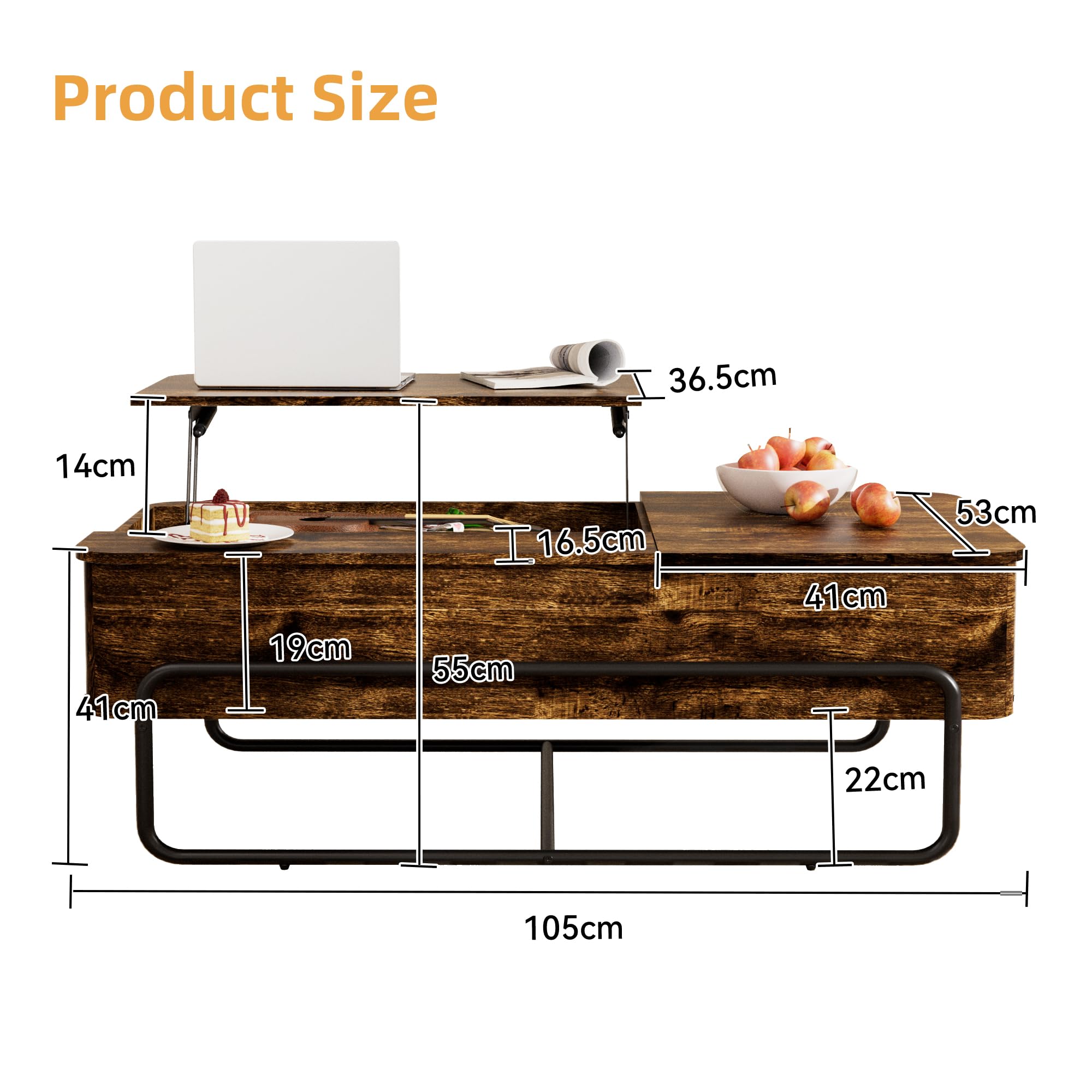 Tavolino da Salotto con Piano Sollevabile – Tavolino da Caffè Industriale con 3 Scomparti, Cassetto Estraibile, Contenitore Nascosto, ideale per Soggiorno, Piccoli Spazi e Home Office