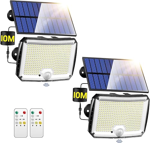 PIKOY Luces solares de movimiento para exteriores, impermeables, 318LED33FT5 modos luces solares de seguridad, control remoto+IP65, lámparas solares