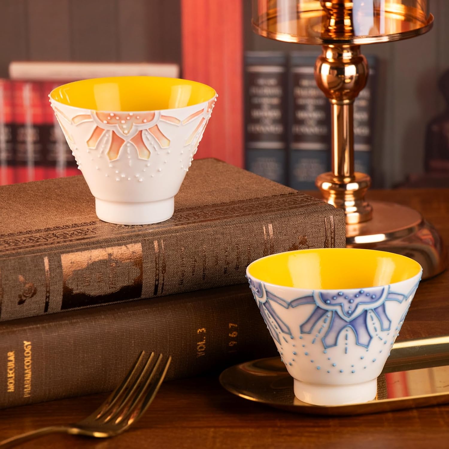 KAMMAK Ceramic Teacups - 150ml/5oz Coffee Cup - Set of 2 Hand-Painted Ceramic Cups - Small Vintage Mate Cup - Cute Mugs for Women - Ideal for Birthday, Afternoon Tea & Housewarming Gifts