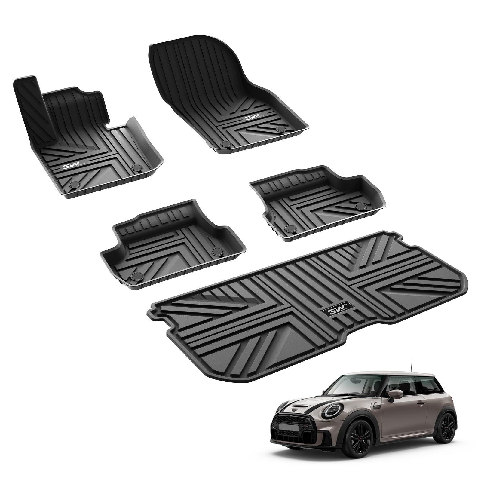 3W Fußmatten & Kofferraumwanne für 2014-2024 Mini Hatch F56/Mini Cooper | TPE Thorex™ Allwetter | 3D Maßgeschneiderte Passform | Hundefreundlich Auto Zubehör | Wasserdicht & Kratzfest | Antirutsch
