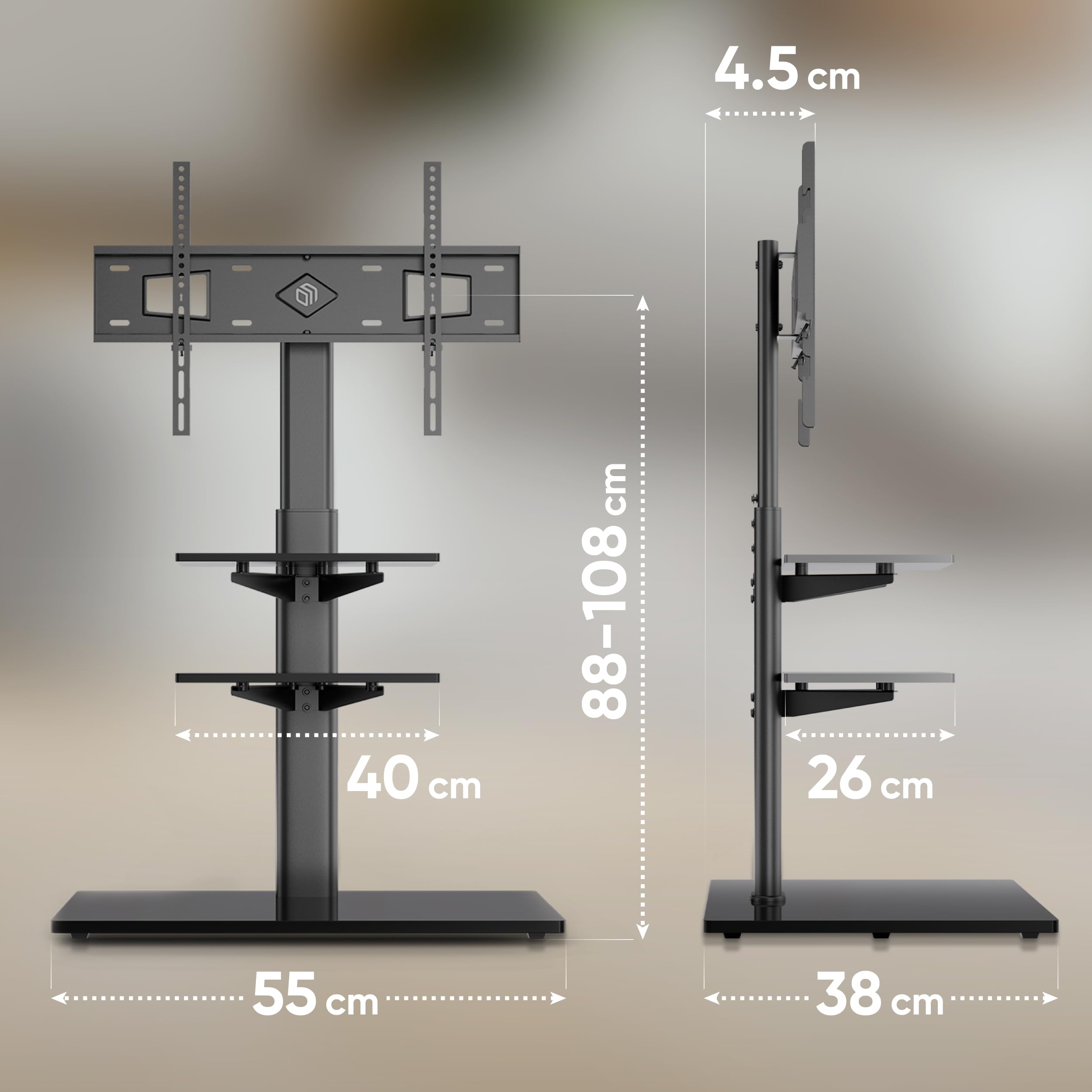ONKRON Soporte para TV de 32 a 65 Pulgadas – Soporte de TV de pie de Color Negro con Carga Total 40 kg – Pie TV Universal máx. VESA 600 x 400 mm – Soporte para televisión con estantes TS5550-B