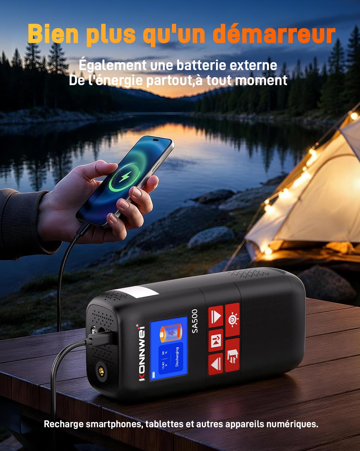 KONNWEI SA500 Booster Batterie Voiture avec Gonfleur, 4-en-1 Démarreur Batterie Voiture, Gonfleur Pneus Voiture 150 PSI avec Compresseur à Air Portatif, pour Essence 8L et Diesel 6L, LED SOS
