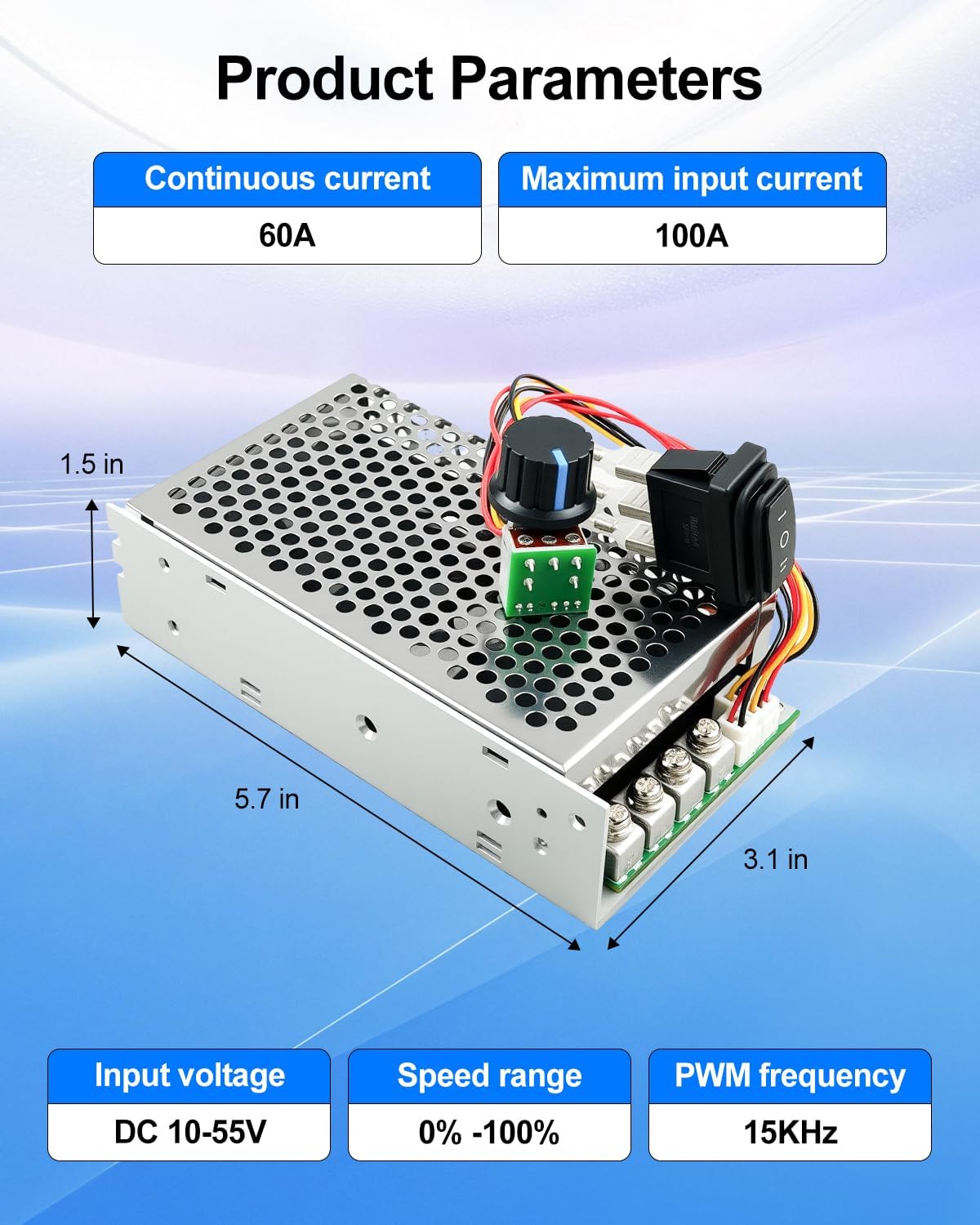 Gleichstrom-Motordrehzahlregler 10 V-55 V mit LED-Anzeige, DC bewertet 60 A/Max 100 A, wendbares PWM-Steuermodul für Bürstenmotor, variabler Geschwindigkeitseinsteller mit Vorwärts-, Brems- und