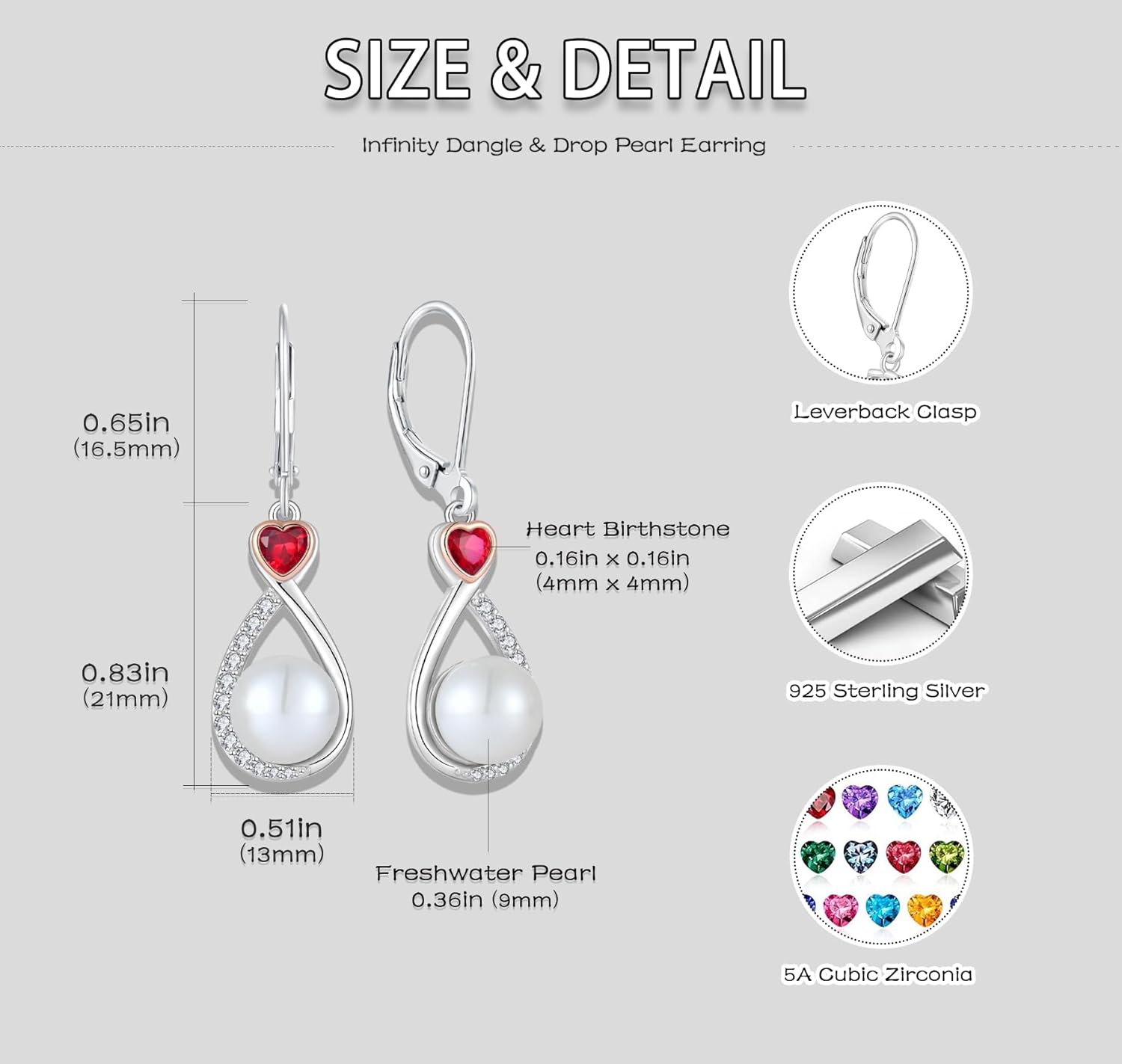Heart Birthstone Pearl Earrings, 925 Sterling Silver Infinity Dangle Drop Leverback Earrings, 9mm Freshwater Cultured Pearl & 4mm Gemstone Jewelry Valentine's Day Gift for Women - Image 6