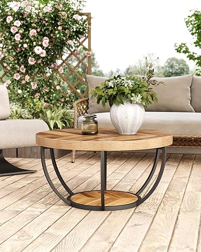 Miniatura 5 de LITTLE TREE Mesa auxiliar redonda, mesa auxiliar circular de 32 pulgadas para sala de estar, mesa central de madera de 2 niveles con almacenamiento