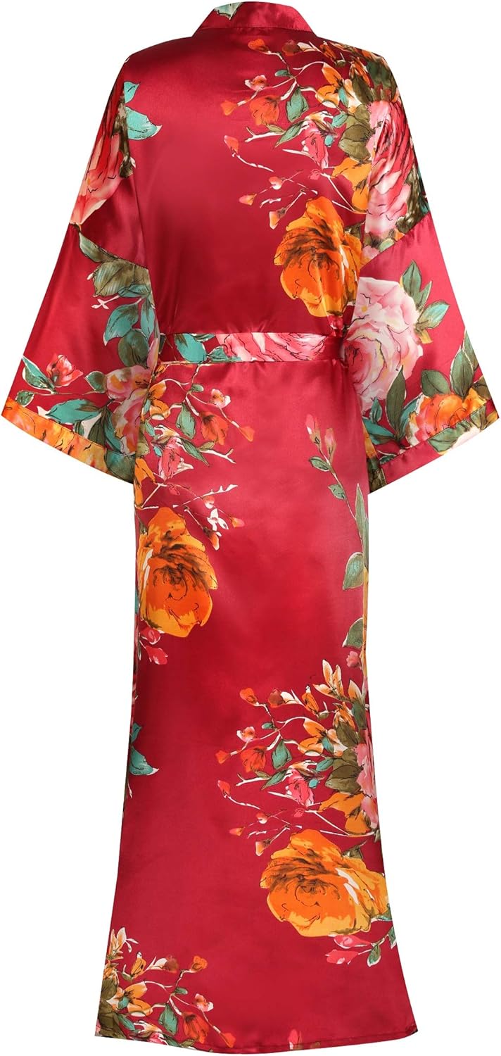 goodmansam Women's Long Floral Satin Kimono Robes Bridal Dressing Gown Wedding Bridesmaid Nightgown - Image 2