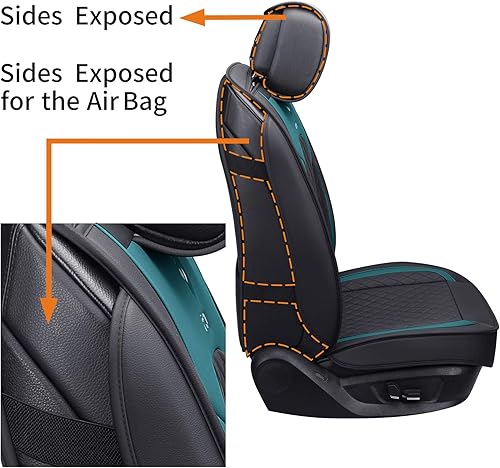 Miniatura 4 de 2 fundas para asientos delanteros de cuero, para automóviles, impermeables, acolchadas, ajuste universal (2 piezas delanteras, negro-verde)