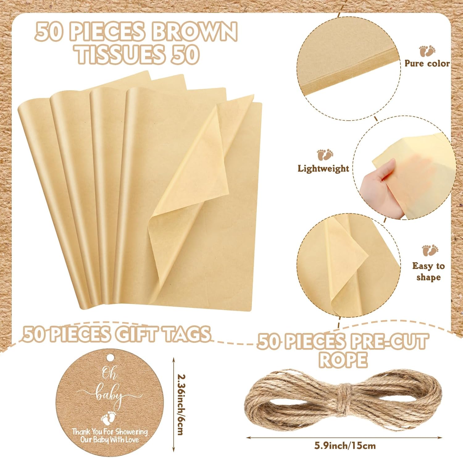 50 Pack Rustic Kraft Baby Shower Gifts Bag with Tissue Papers Baby Shower Paper Bags with Handle and 50 Tissue Tags Twine for Guests Gifts Gender Reveal Favors