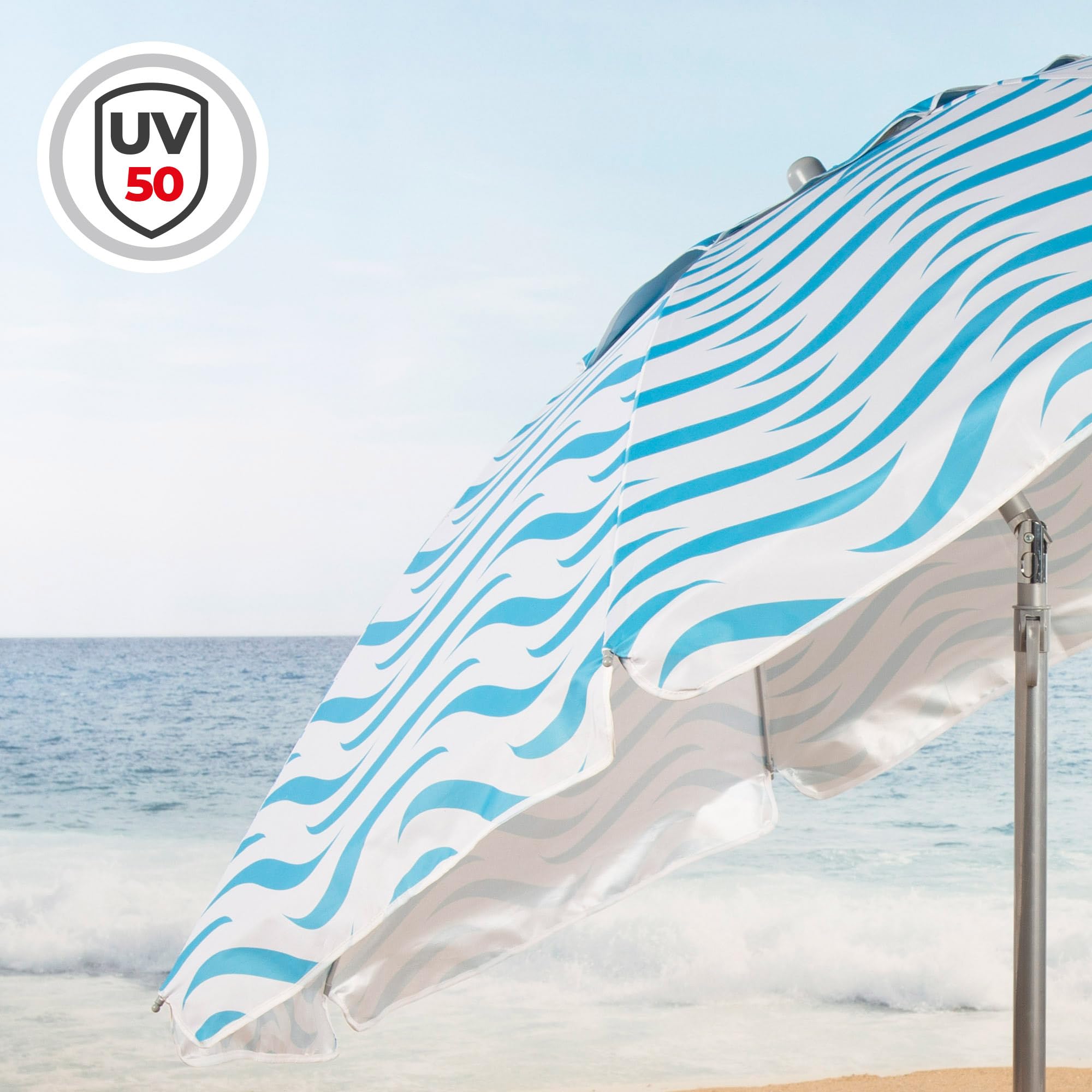AKTIVE Parasol plażowy przeciwwiatrowy 220 cm, 8 żeber z włókna szklanego, wzór fal plażowych, wentylacja górna, ochrona UV50, stalowy drążek przechylny, 28/32 mm, w zestawie pokrowiec (62441), Biały,
