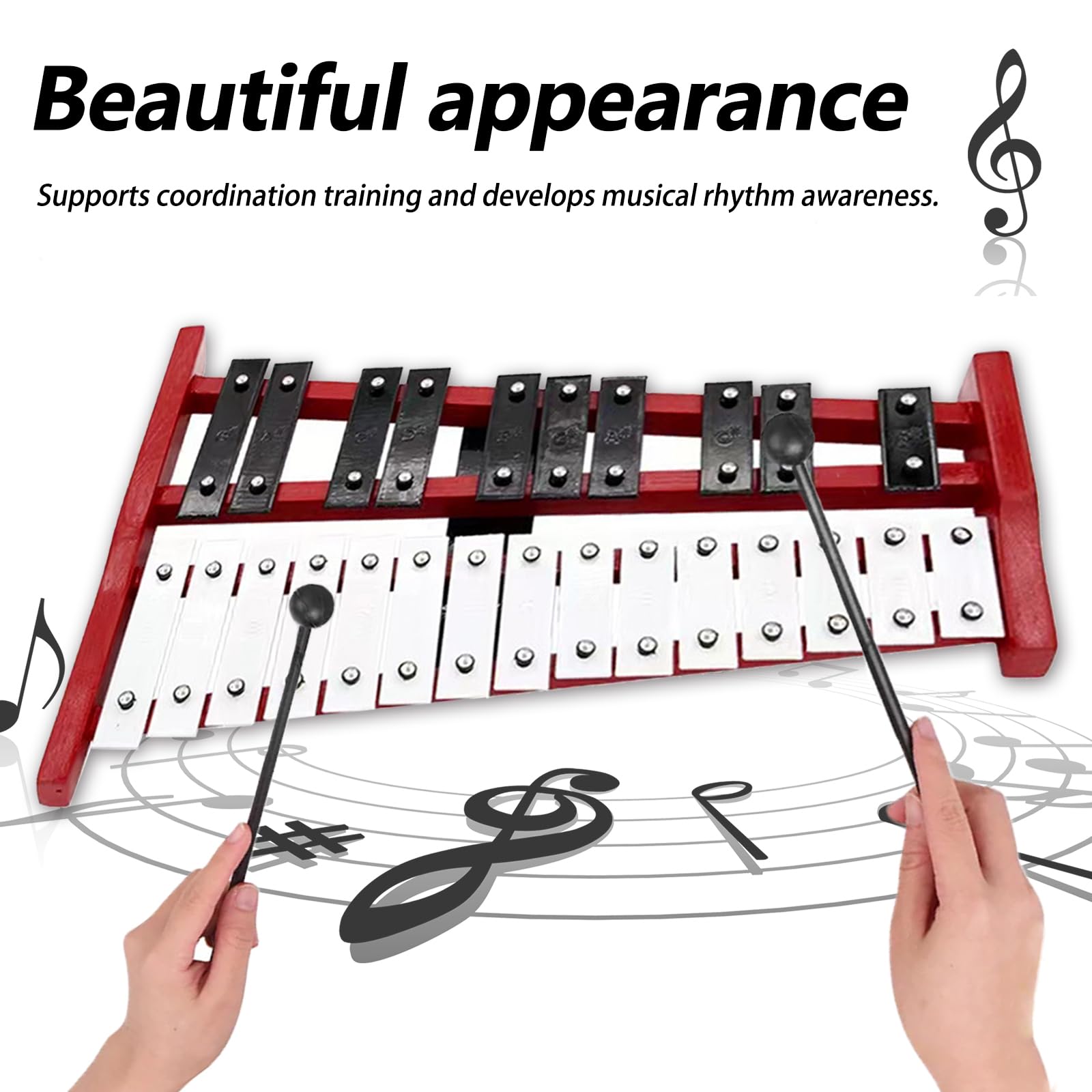 25 Noten Glockenspiel Xylophon, Glockenspiel mit Metalltasten & Holzsockel Handpercussion mit 2 Schlägeln tragbar Tragetasche Schlaginstrument, Musikinstrument für Jugendliche & Erwachsene