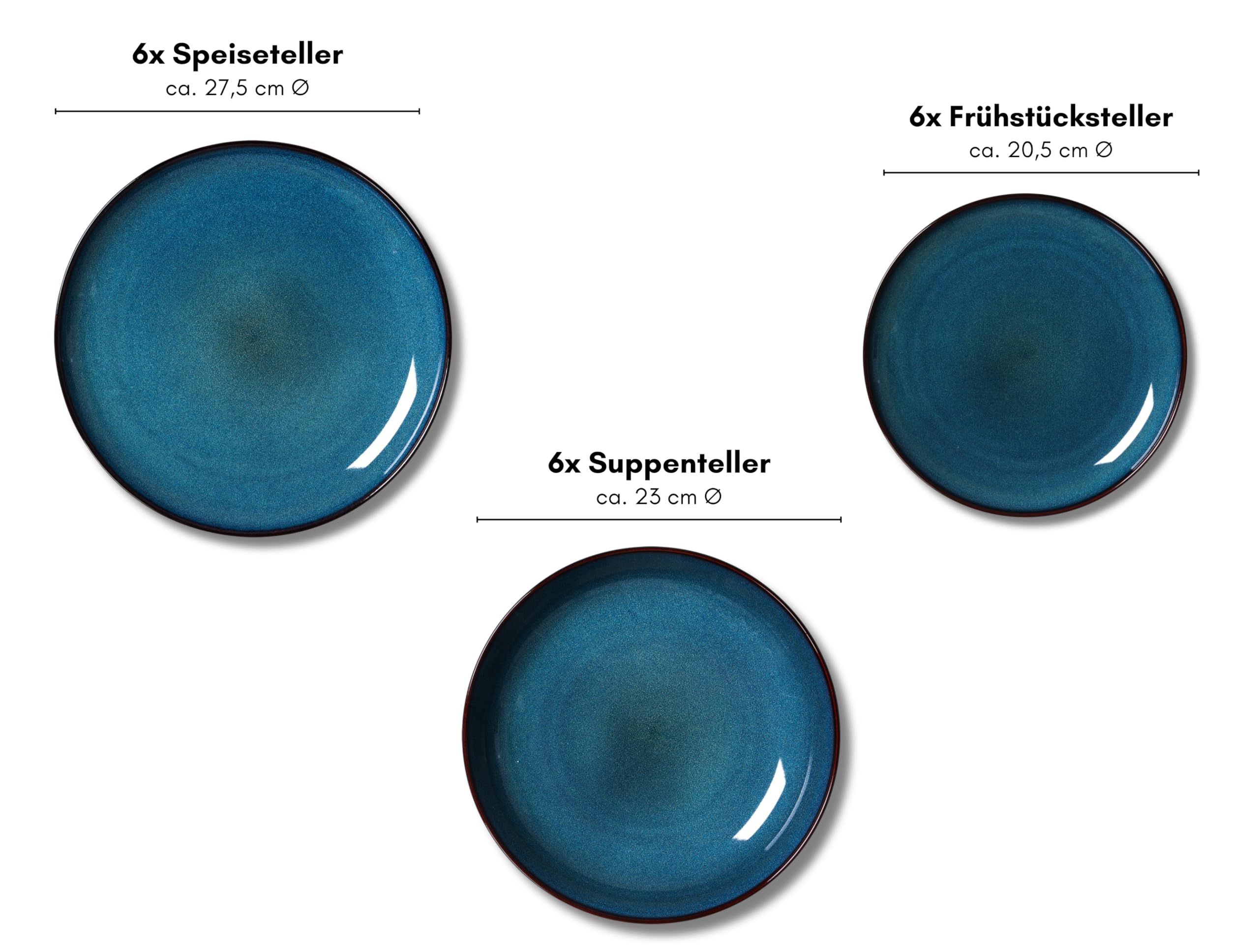 Ritzenhoff & Breker Bali Teller-Set 18-teilig, Kombiservice mit Farbverläufen, Je 6x Speise- / Suppen- und Dessertteller, Skandinavisches Design mit Reaktivglasur, Steinzeug, Blau