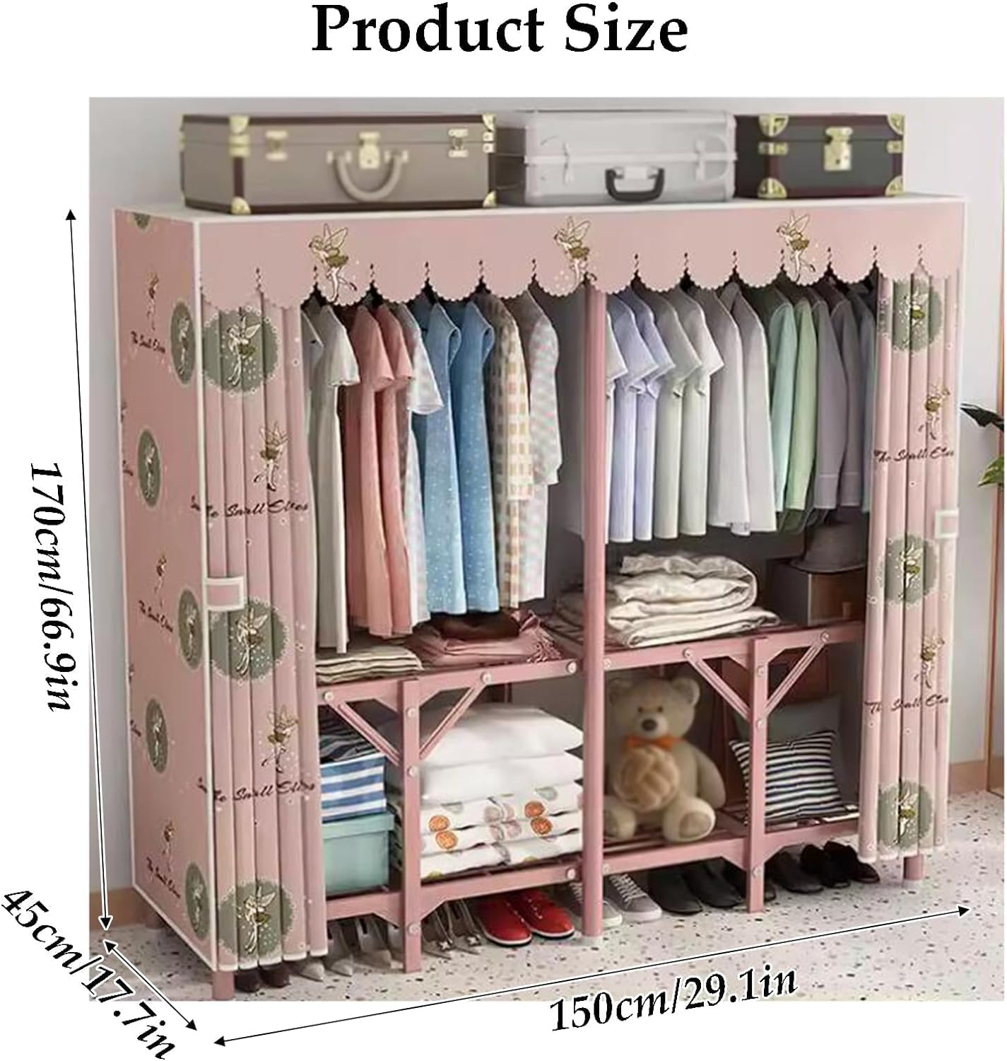 Portable Closet Portable Wardrobe Closet Steel Wardrobe Closet for Bedroom Hanging with Cloth Cover Standing Clothes Closet Folding Closet Spacious