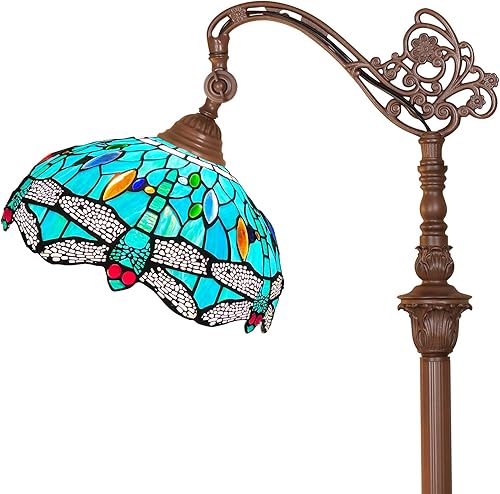 Capulina Tiffany - Lámpara de pie estilo libélula de hierba marina, vitral, arqueada, cuello de cisne, lámpara de pie de ángulo ajustable para sala