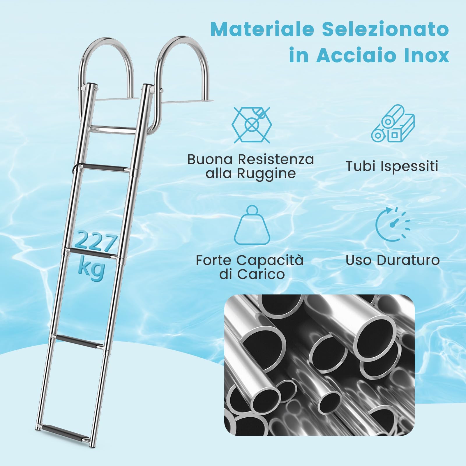 COSTWAY Scaletta Piscina Fuori Terra con 4 Gradini, Portata 227 kg, Scaletta per Pontile Pieghevole in Acciaio Inox con Corrimano e Gradini Antiscivolo, Resistente e Leggera, per Barca