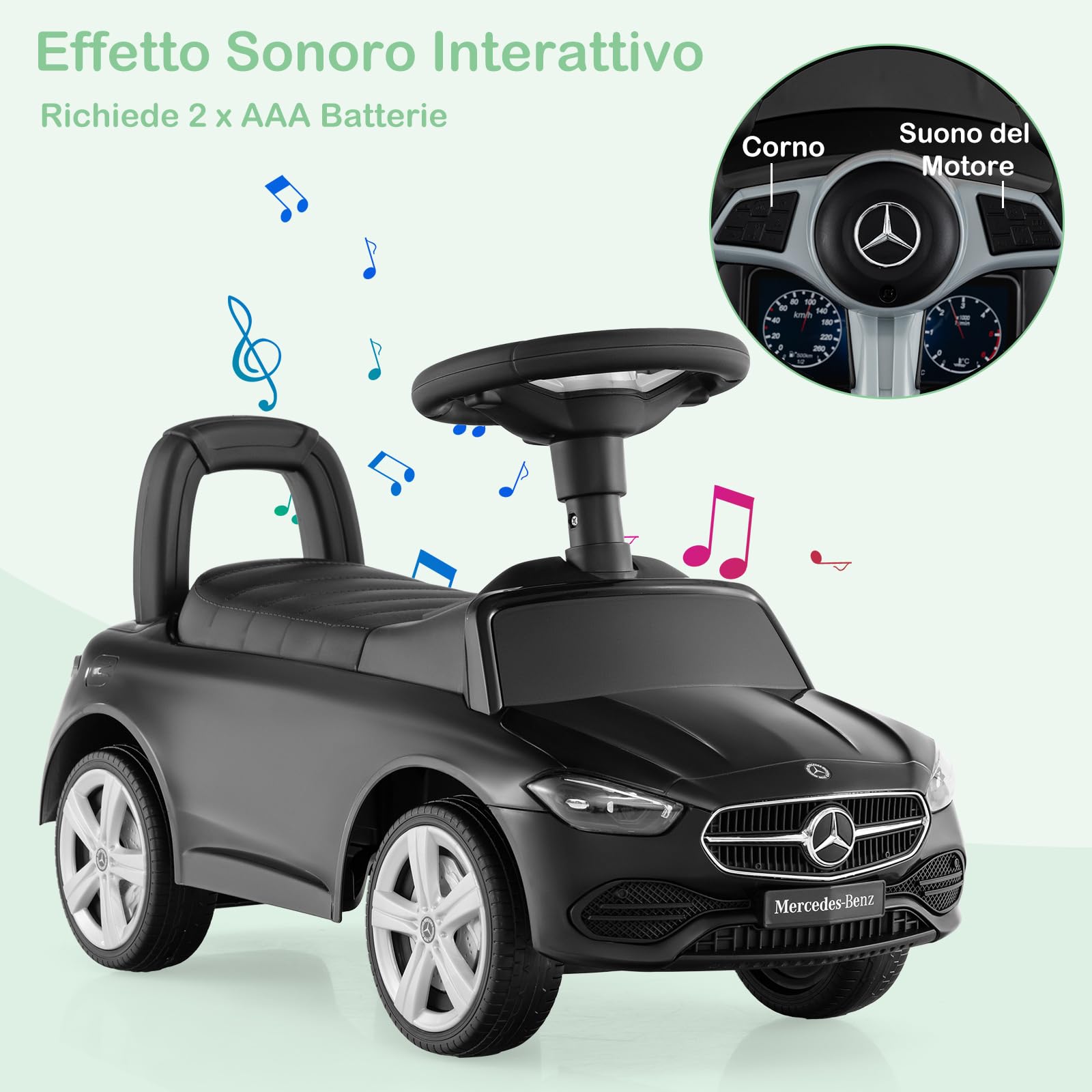 COSTWAY Mercedes Benz Macchinina Cavalcabile a Spinta per Bambini, Auto da Gioco con Volante Clacson e Suono, Spazio di Archiviazione, Auto a Spinta per bambini 1-3 Anni (Nero)