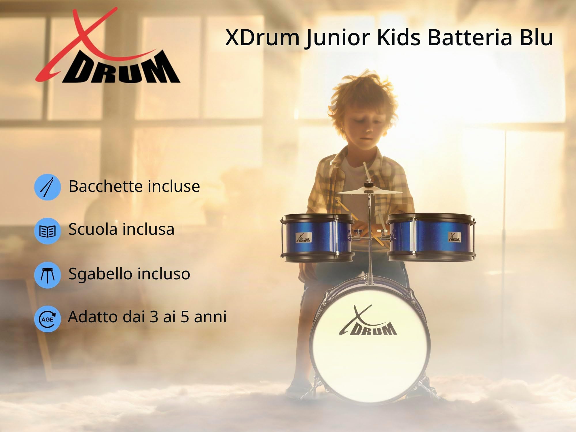 XDrum Junior KIDS Batteria per Bambini incl. Scuola Blu, Cassa 14" x 9" | Fusti in legno acusticamente pregiato con finitura speciale blu, Tom 10" x 5", Rullante 8" x 5", Piatto in acciaio da 8"