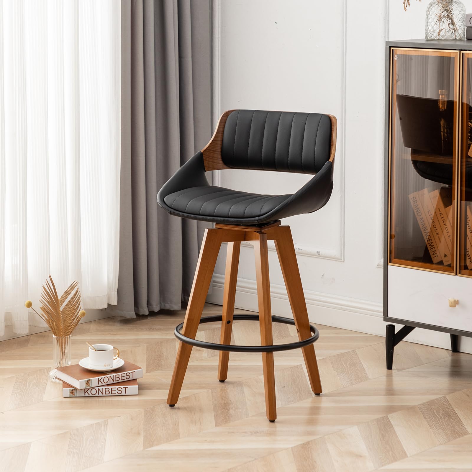 LUNLING Swivel Bar Stools,Mid Century Modern Black Faux Leather Upholstered Counter Height Barstools,Kitchen Island Wooden Bar Chairs,1PCS