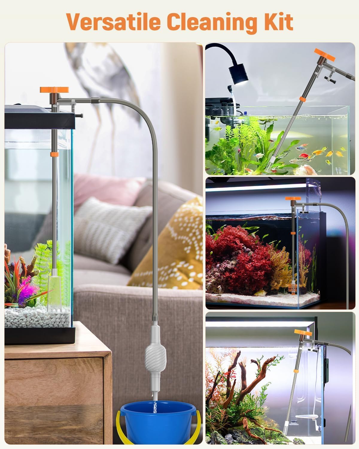 Pawfly Kit Cambiador Agua Acuario Sifón Limpiador con Manguera 1.4 m y Tubo Extensible Herramientas Limpieza Grava para Cambio Agua Lavado Arena y Mantenimiento
