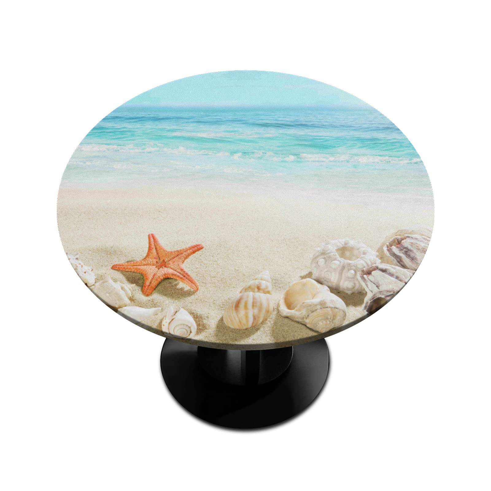Summer Starfish Round Tablecloth with Elastic Edge,Ocean Seashells Beach Fitted Table Cloth Waterproof Wipeable Round Table Cover for Dining Kitchen Party Indoor Outdoor Patio Table 45