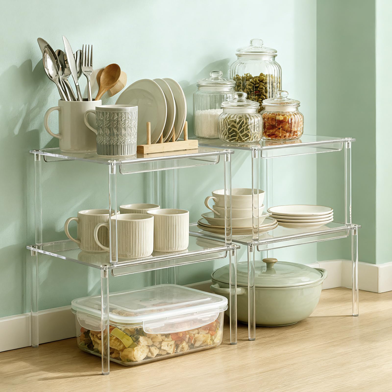 Nastopee Gewürzregal Stehend, 4er Set Küchenorganizer Stapelbar - Klare Aufbewahrungsregal für Schrank & Arbeitsplatte, Haltbar bis 5kg