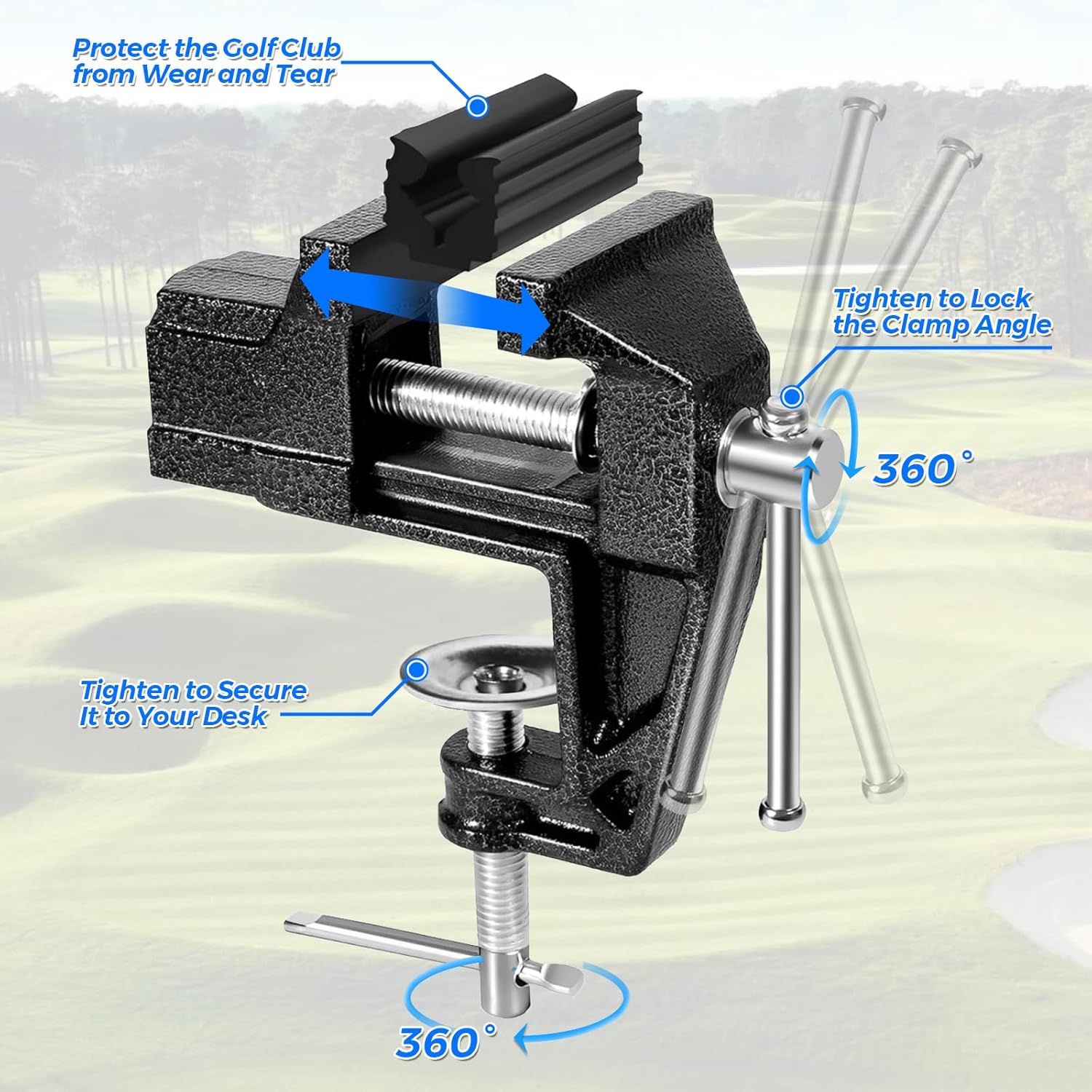 Golf Grip Kit for Regripping Golf Clubs, Aluminum Vise Clamp Quick Release Shaft Removal Tool Include Retractable Hook Blade, 15 Tapes Strips, Grip Tape Remover, Bench Vise and Rubber Clamps