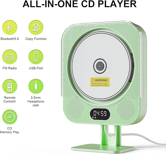 Kpop CD Players for Home,Green Wired Cute Desktop/Wall CD Player with Bluetooth Speakers with IR Remote Control,FM Radio/CD Music Timer Alarm Clock with LED Display,Support CD/USB/TF/AUX/Copy