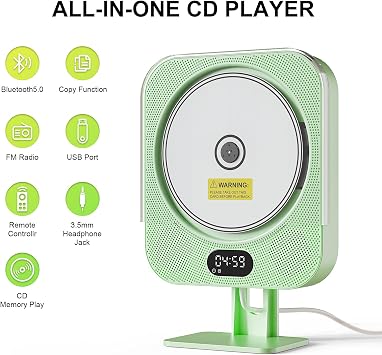 Kpop CD Players for Home,Green Wired Cute Desktop/Wall CD Player with Bluetooth Speakers with IR Remote Control,FM Radio/CD Music Timer Alarm Clock with LED Display,Support CD/USB/TF/AUX/Copy