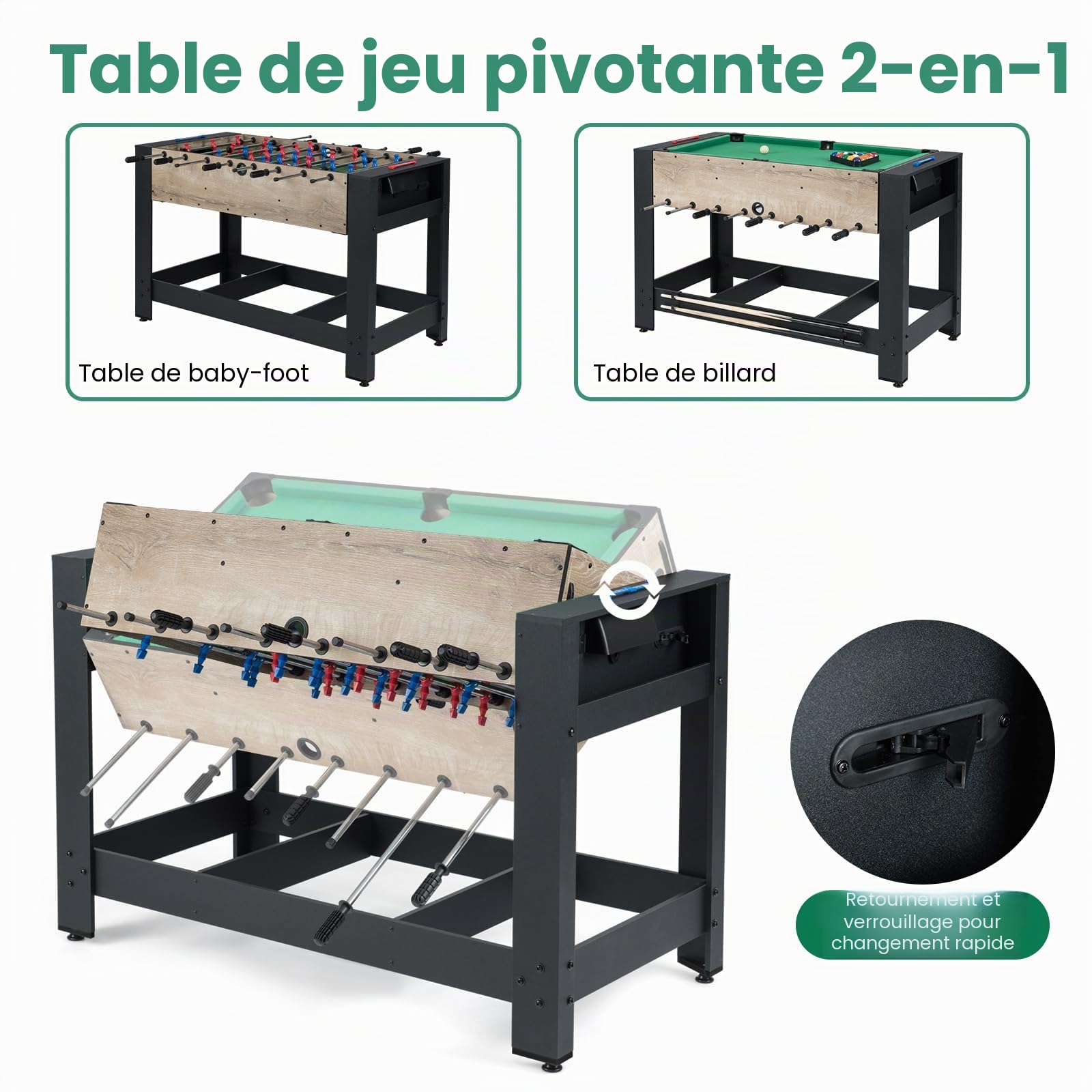 HOMASIS 2 en 1 Table de Jeu Multifonction Pliable avec 2 Boules et Marque-Points, Table de Billard avec 2 Queues et Triangle de Maison