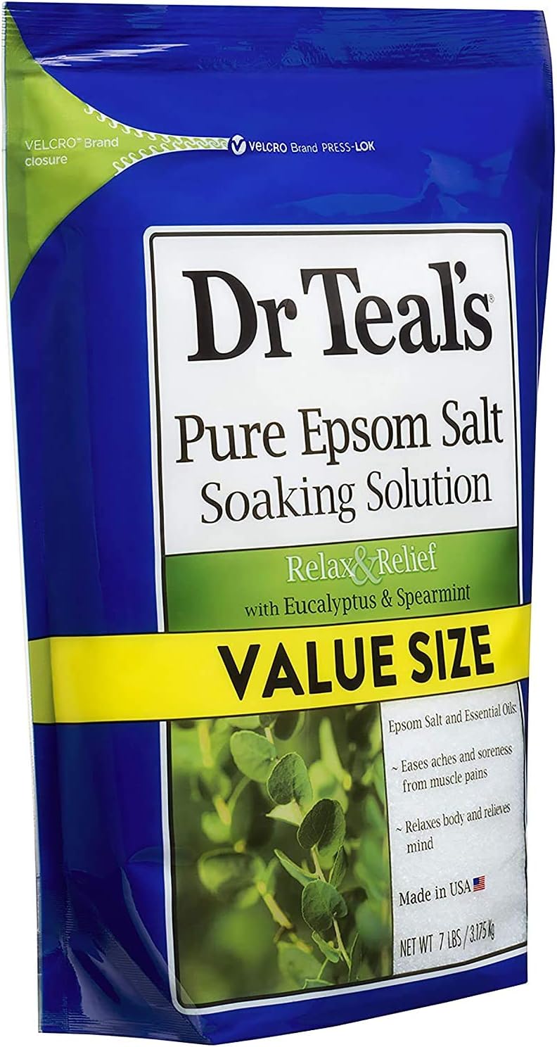 Dr Teal's Eucalyptus & Spearmint Salt Bath (3 Pack, 7lb Ea) - Relax & Relief Formula - Essential Oils Blended with Pure Epsom Salt - Ease Aches & Pains, Clear The Mind & Senses - Value Size Bag