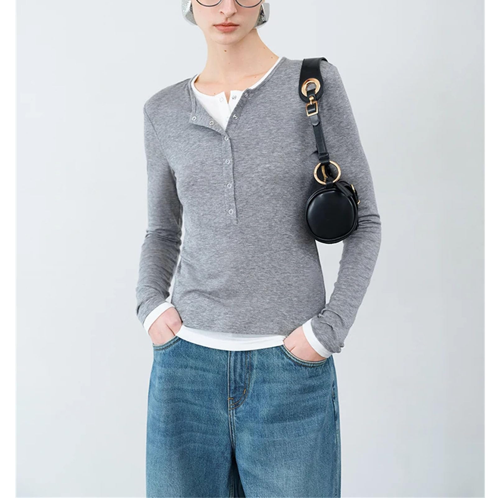 Donne Finte Due Magliette A Maglia Primavera Girocollo Con Cappuccio Casual Loose Tops