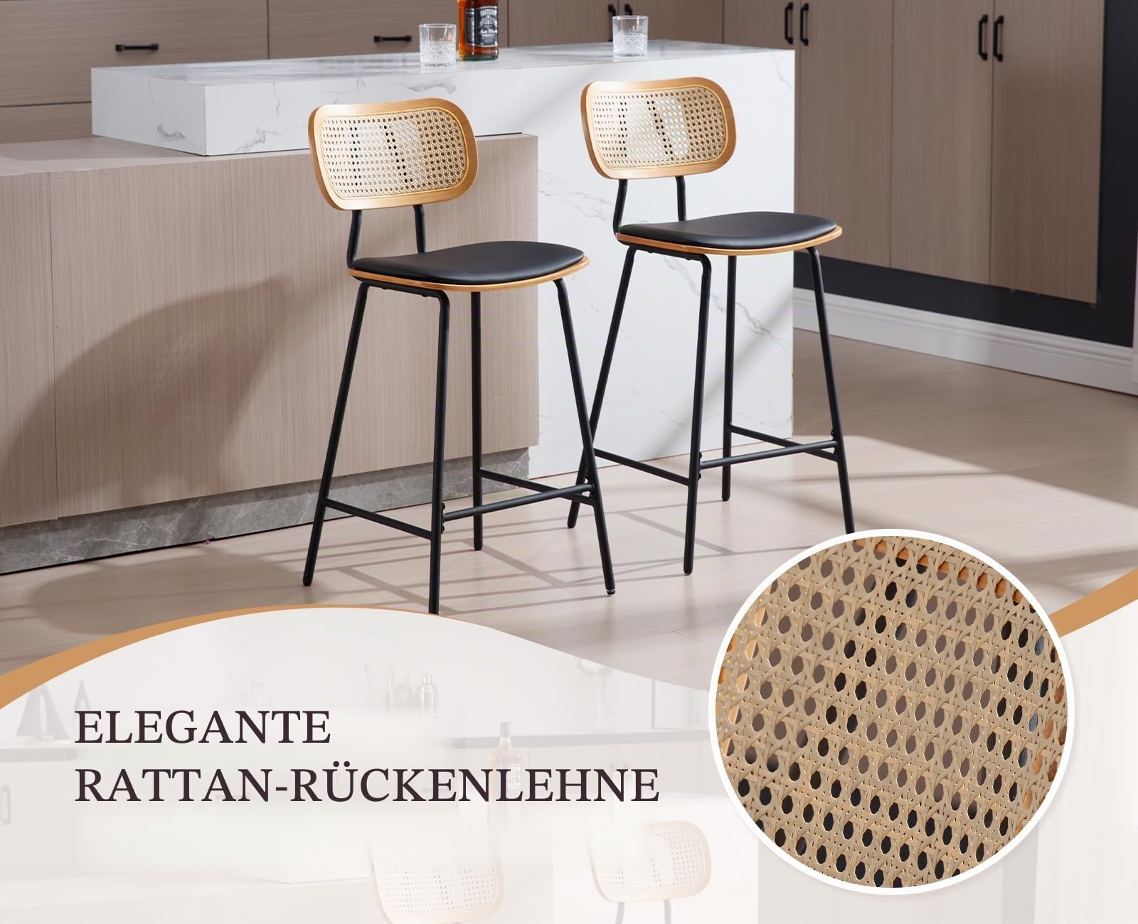 Ya-Home Barhocker 2er Set Rattan, Barstuhl mit Lehne, Schwarz