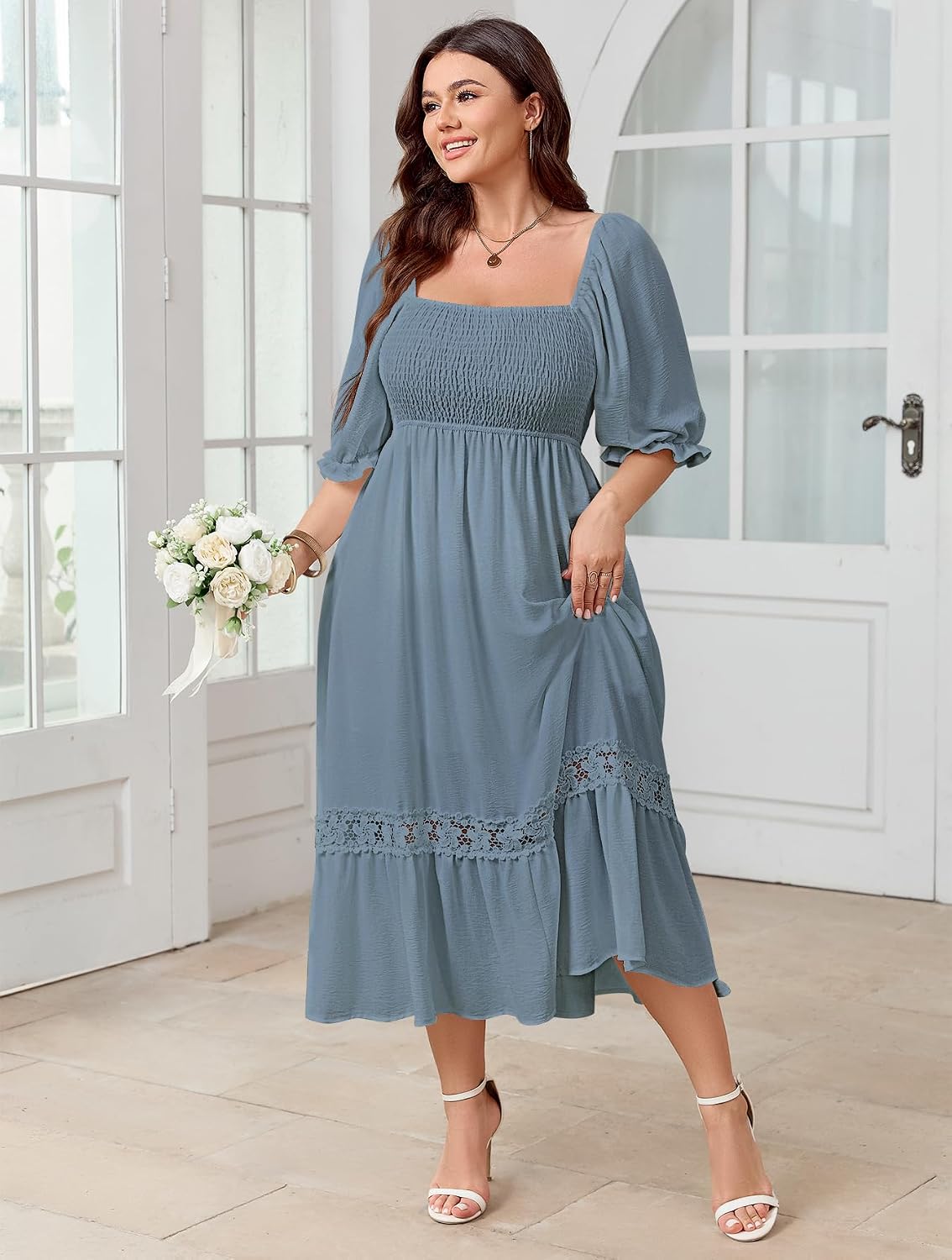 SCOMCHIC Women's Plus Size Boho Maxi Dress Short Sleeve Square Neck Smocked Flowy A-Line Lace Trim Wedding Guest Dresses