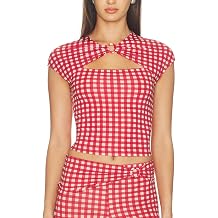 Women Red and White Gingham Crop Tank Top Front Keyhole Plaid Baby Tee