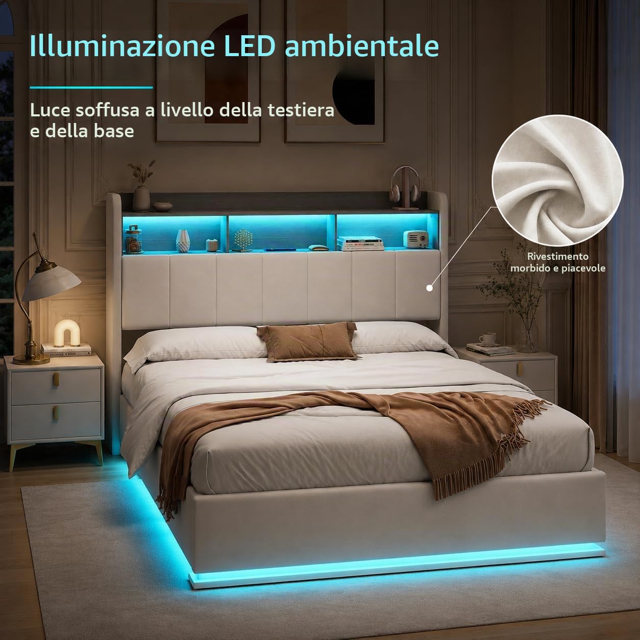 Letto contenitore 160x200 cm con rete a doghe, testiera con illuminazione a LED e porta USB, letto imbottito con contenitore, velluto bianco