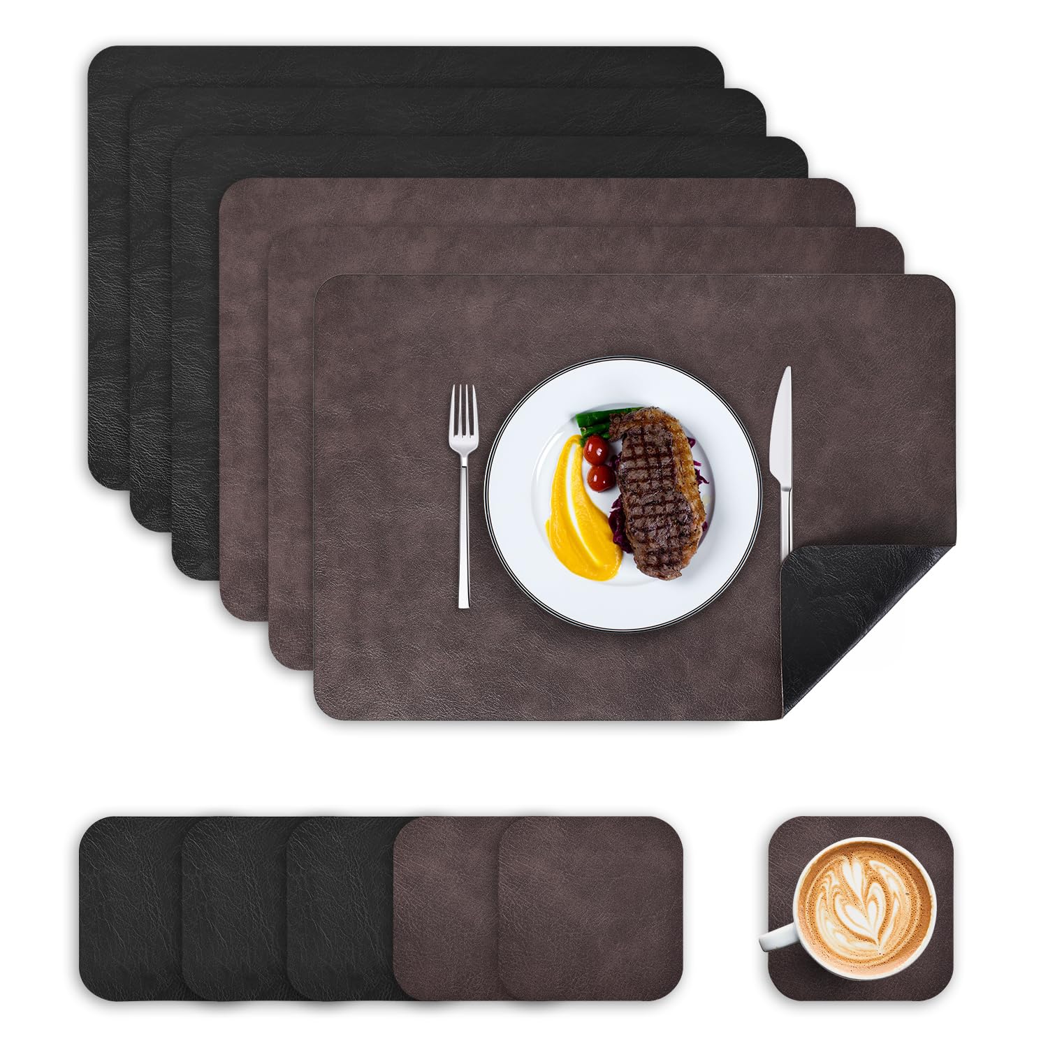 Placemats and Coasters Set of 6, PU Leather Heat-Resistant Table Mats Dual-Sided Waterproof Washable Non-Slip Place Mats for Kitchen Table (Dark Brown Black)