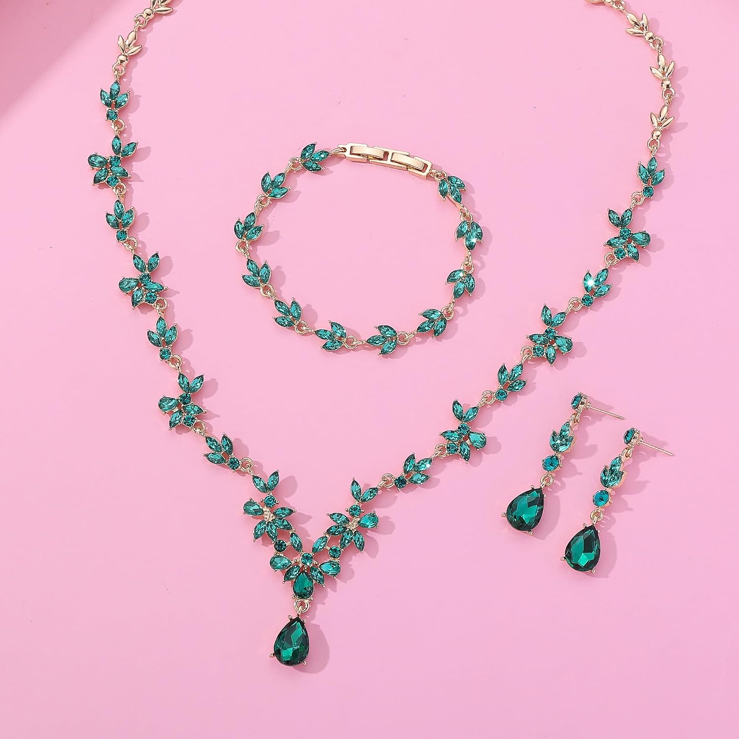 Paxuan Bridal Wedding Elegant Floral Jewelry Set for Women/Brides/Bridesmaids Crystal Jewelry Set for Wedding Prom Party Bridal Crystal Necklace Earrings Bracelet Set image 4