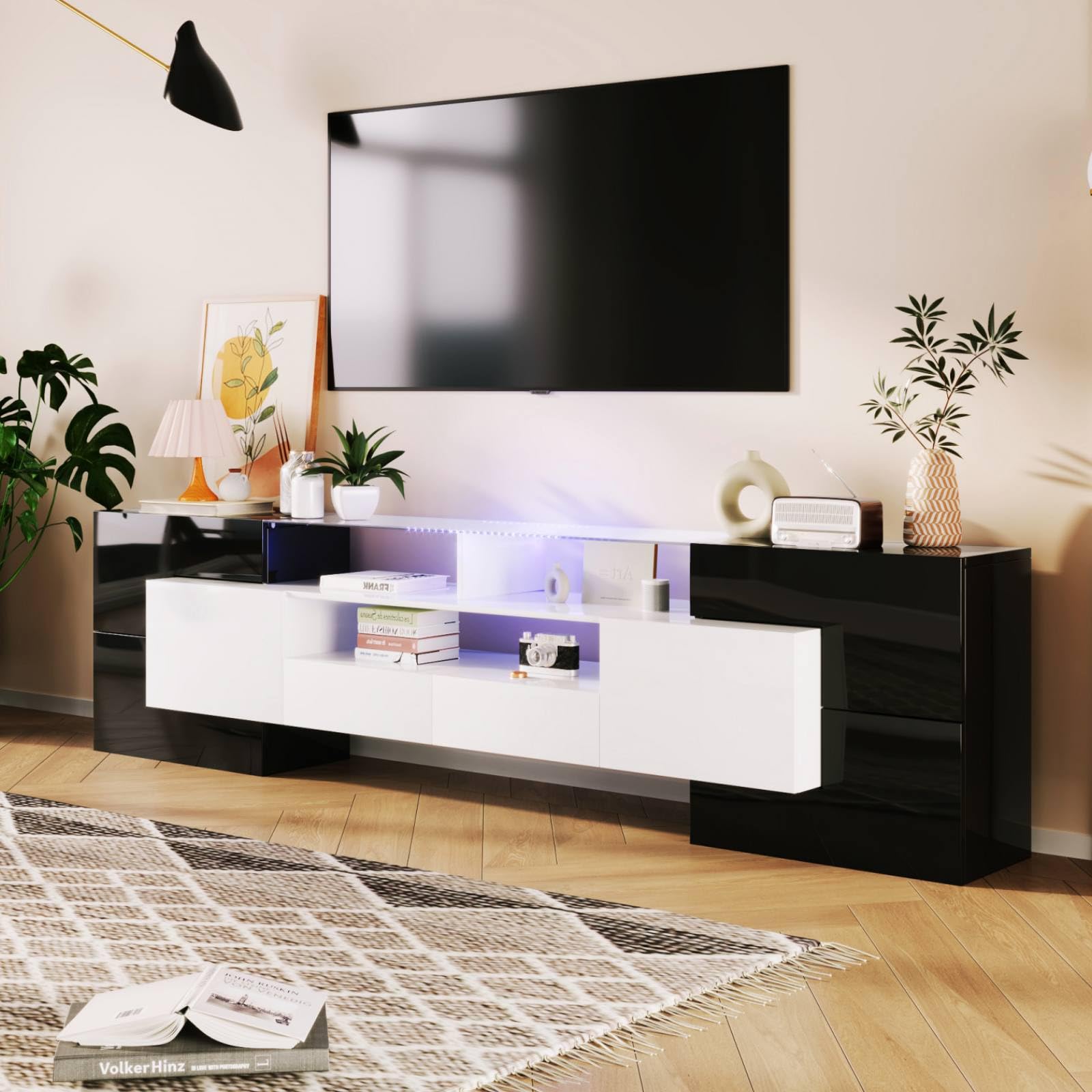 Sweiko Meuble TV Bas avec éclairage LED, Commode avec Beaucoup d'espace de Rangement, Forme Unique avec Surfaces en Verre, Design Moderne (Black, 200 L x 35 B x 60 H)