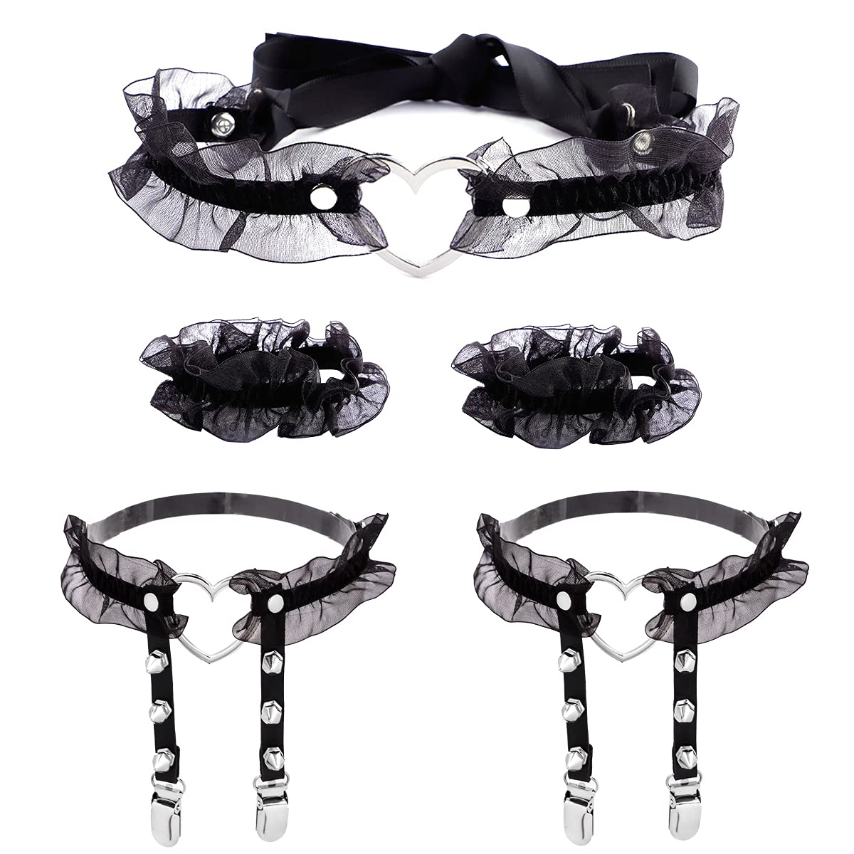 Eigso Velvet Gothic Garter for Women Heart Leg Ring with Rivets Elastic Lace Bracelets Choker Set: Black