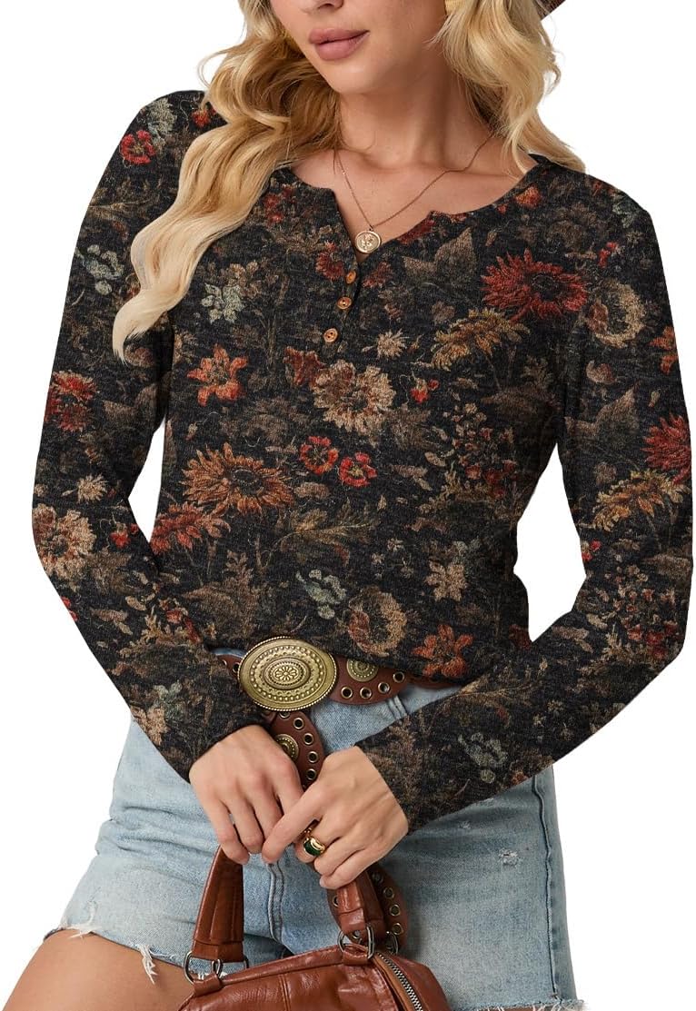 IWOLLENCE Womens Long Sleeve Aztec Western T Shirts Vintage Geometry Graphic Henley Tops Casual Button Down Blouse - Image 6