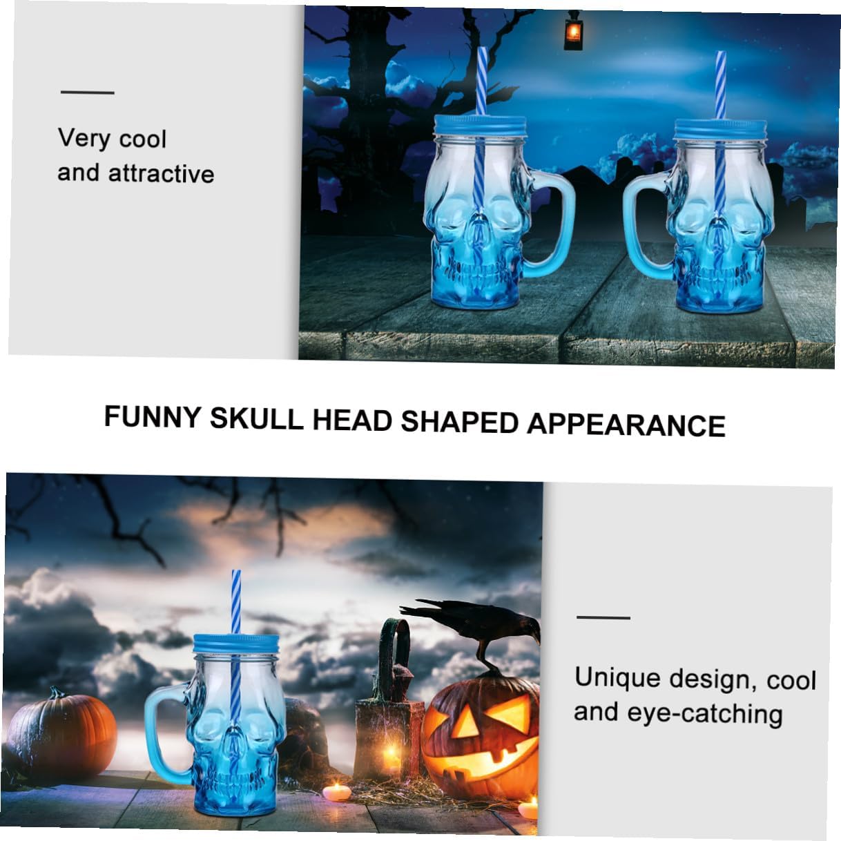 Mikinona 2pcs Halloween Skull Glass Beer Cups 500ml Gradient Blue Glassware with Handle for Party and Bar Use Random Color