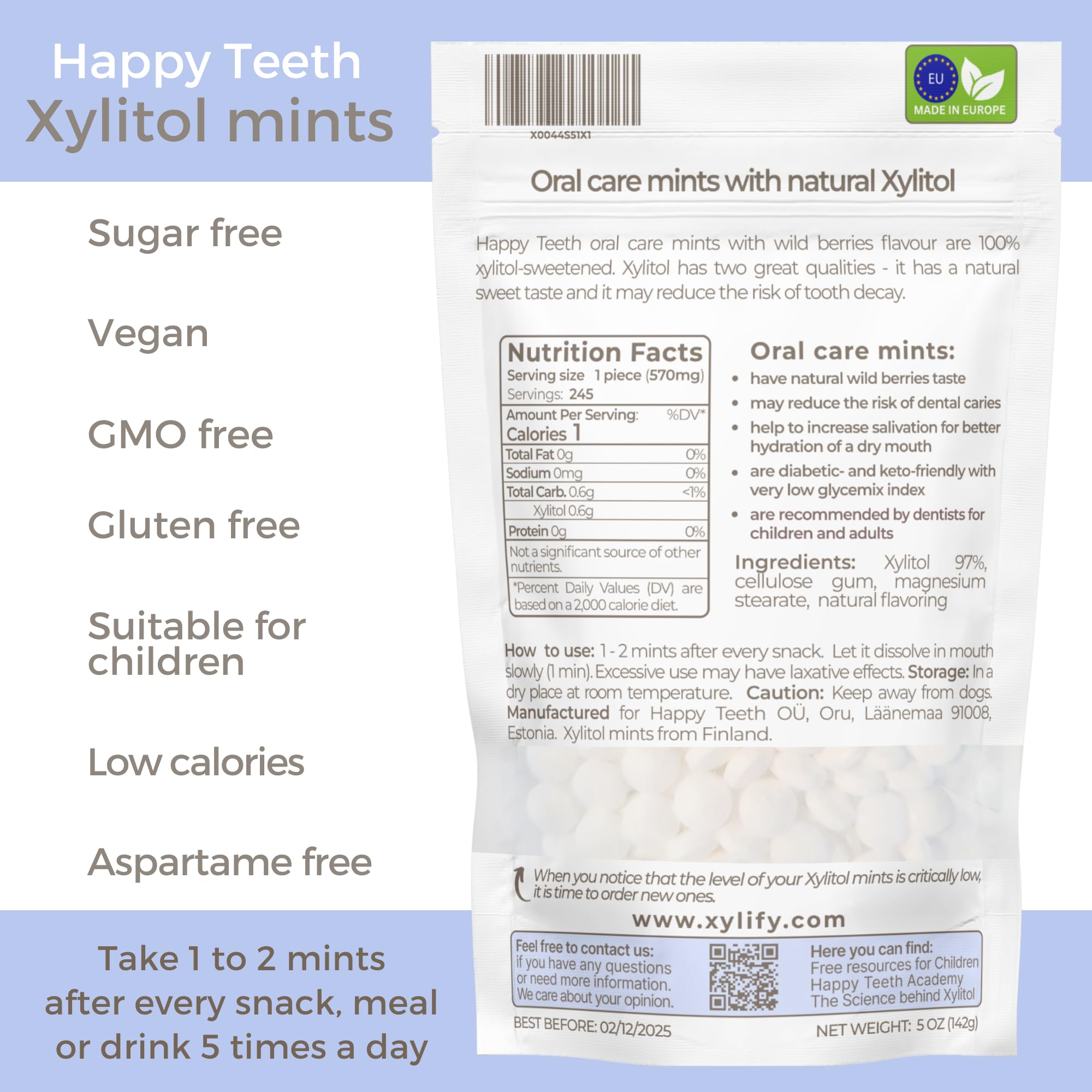 Xylitol Mints for Oral Care - Wild Berries flavor, 100% Xylitol sweetened, Sugar Free Candy, Happy Teeth dental mints from Finland. 5oz - 245 mints