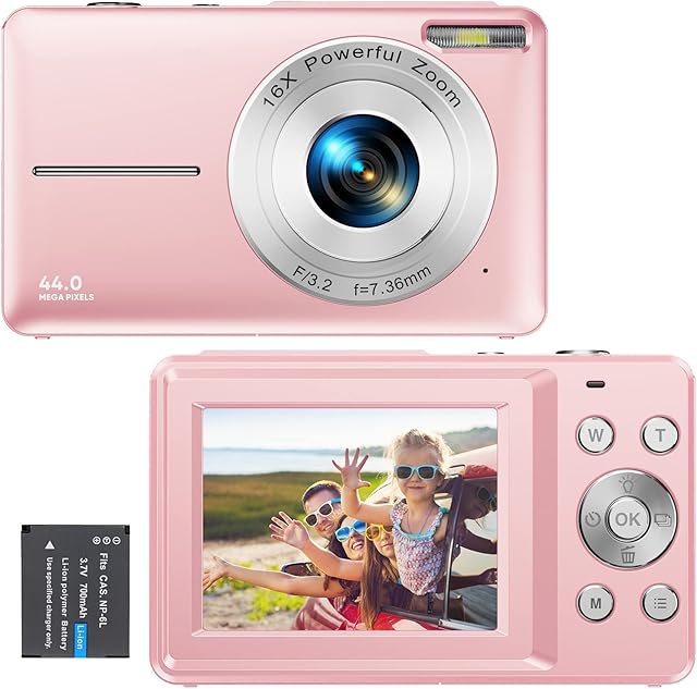 Digital Camera, 1080P Compact Camera, FHD Photo Camera, 44MP Vlogging Camera, Portable Mini Children's Camera with LCD Screen, 16X Digital Zoom and 1 Battery for Students, Teenagers, Girls, Boys-Pink