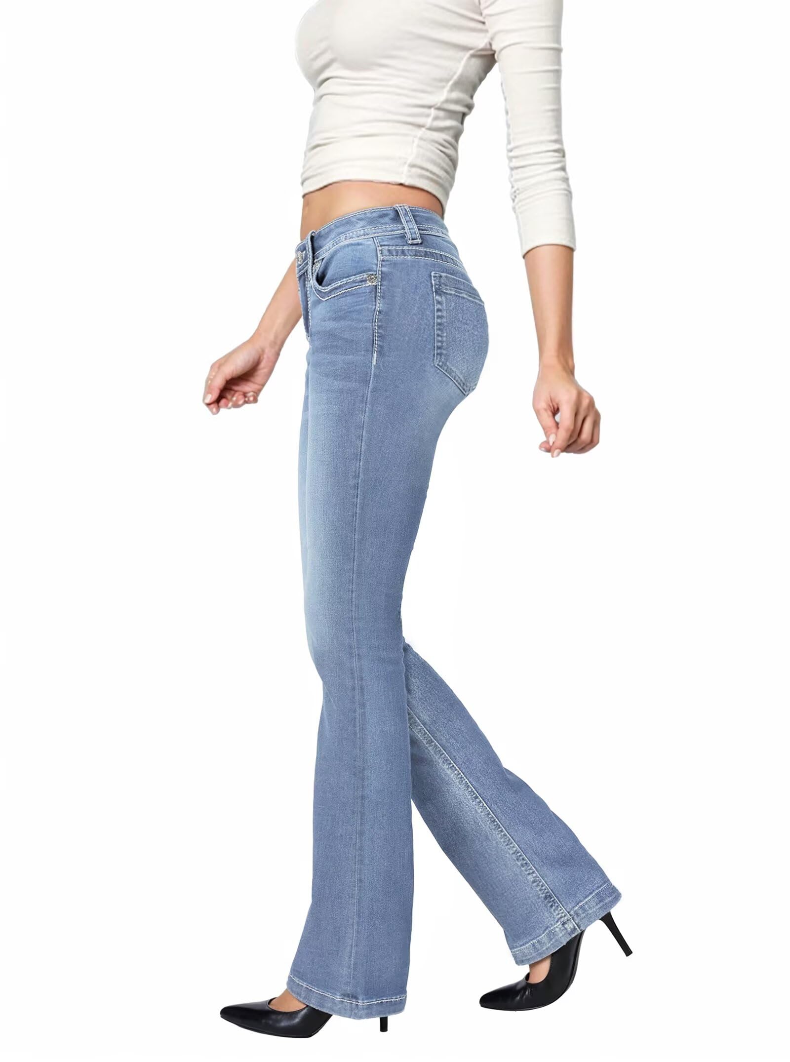 Hybrid Company Womens Flare Mid Rise Jeans Trendy Stretchy Denim Pants with Pockets