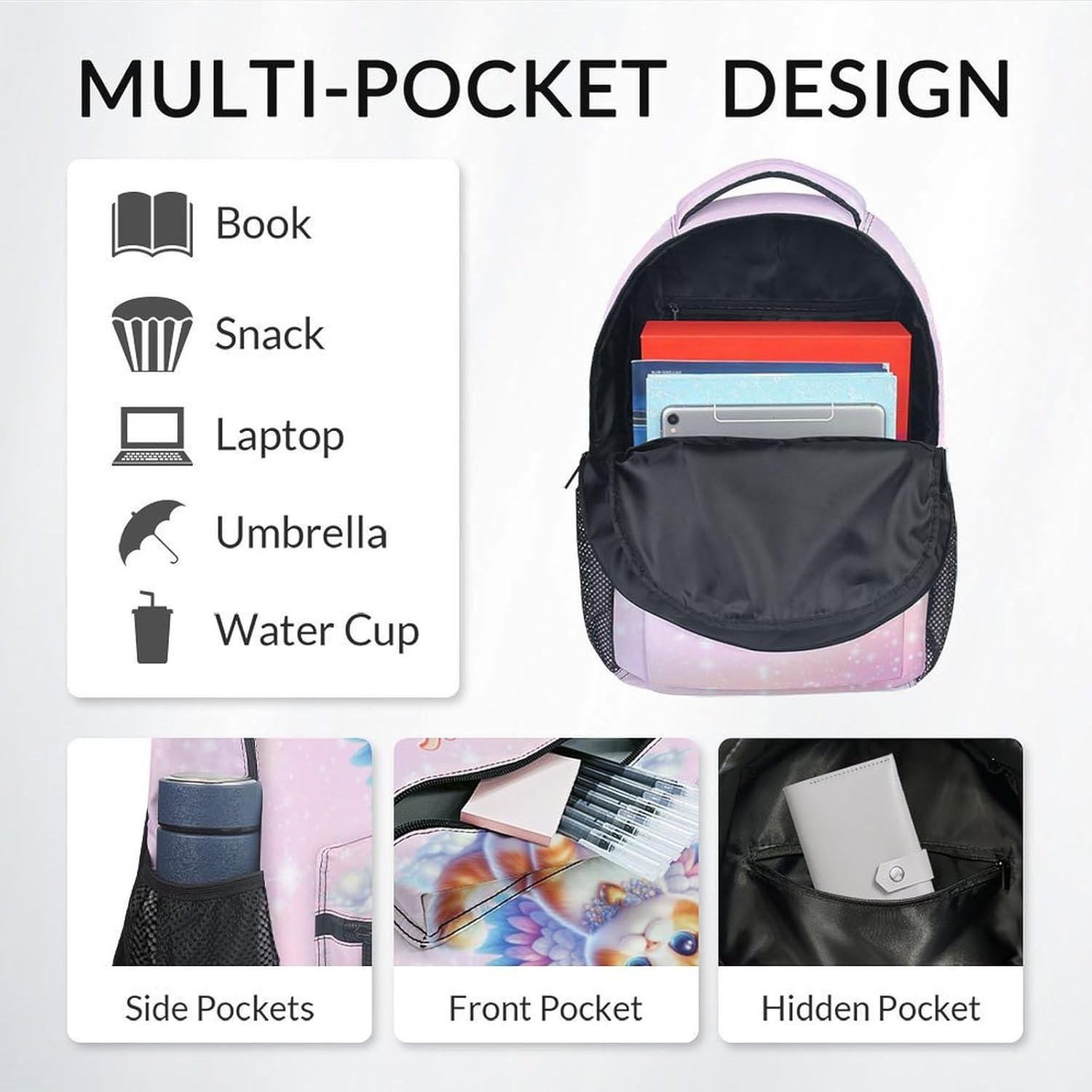 School Backpack for Girls - Personalized Cute Cats Bookbag for Teens Kids - 17 Inch Custom Backpacks for Primary Middle