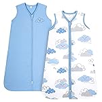 TILLYOU 2 Pack Infant Sleep Sack 0-6 Months 100% Cotton Wearable Blanket 0.5 TOG Sleeveless Summer Sleep Sacks with 2-Way Zipper, Small Cloud & Blue